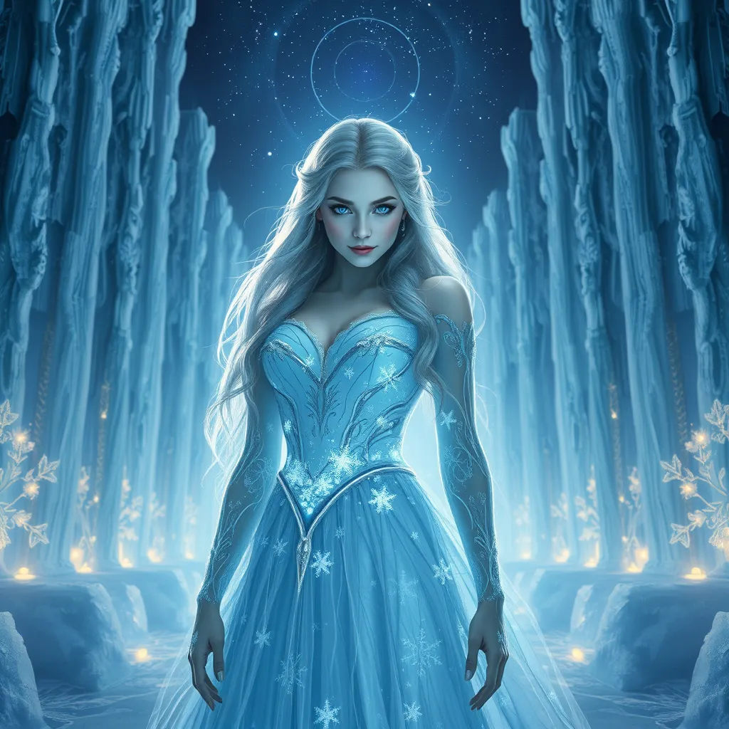 An ethereal portrait of a beautiful female ice sorceress, her eyes shimmering with a cold, blue light, wearing a gown made of frost and snowflakes, standing in a grand hall of ice pillars that reach towards a starry night sky.