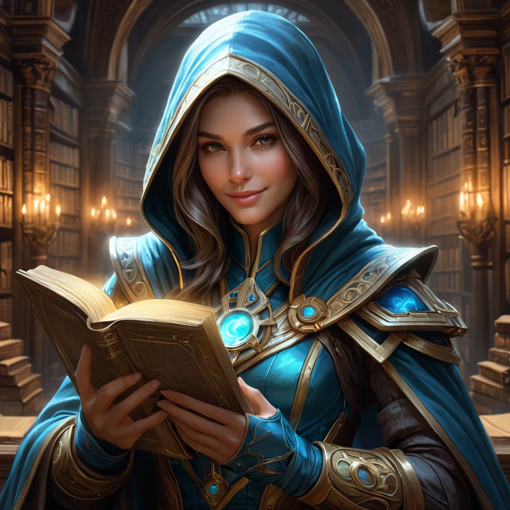 A mesmerizing female rogue from StarCraft, cloaked in shadows within a grand, ancient library filled with holographic scrolls and digital artifacts, her hands gently touching a glowing ancient tome, her face partially hidden, revealing a mysterious smile.