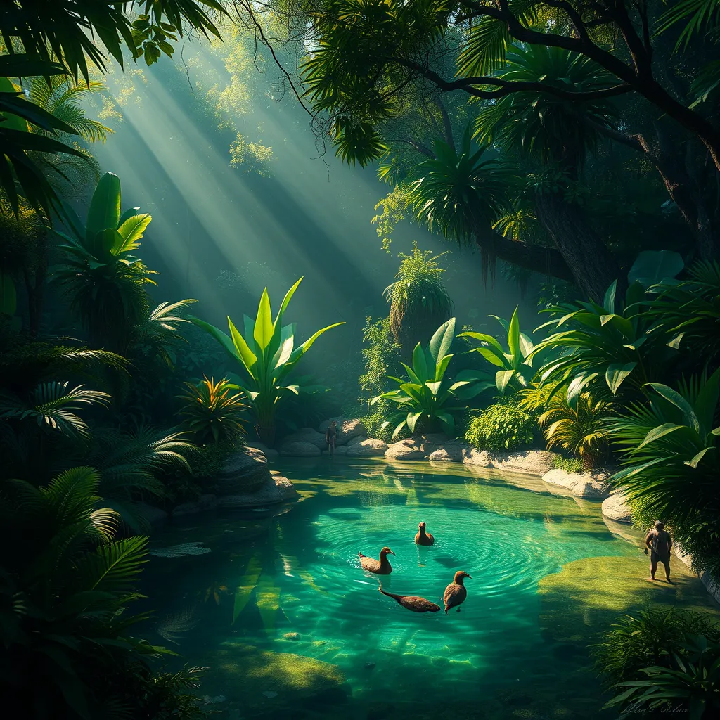 A lush, overgrown jungle clearing, where sunlight filters through dense foliage, illuminating a crystal-clear pool teeming with exotic wildlife.