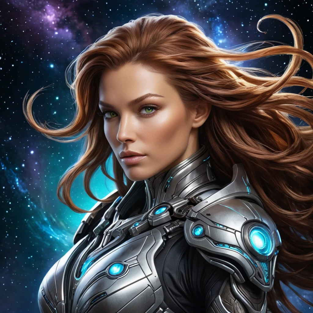 A portrait of Sarah Kerrigan as a powerful yet graceful warrior, her body adorned with intricate, biomechanical armor that pulsates with a soft, bioluminescent glow, her hair flowing like tendrils of smoke, captured in a moment of intense focus, with a backdrop of a star-filled galaxy.