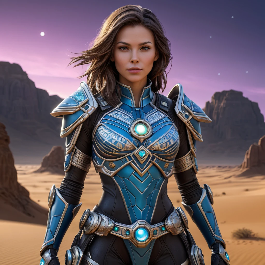 A captivating female rogue from StarCraft, standing at the edge of a vast, alien desert under a twilight sky, her armor adorned with intricate tribal patterns, a holographic map floating before her, her stance confident and ready for adventure.