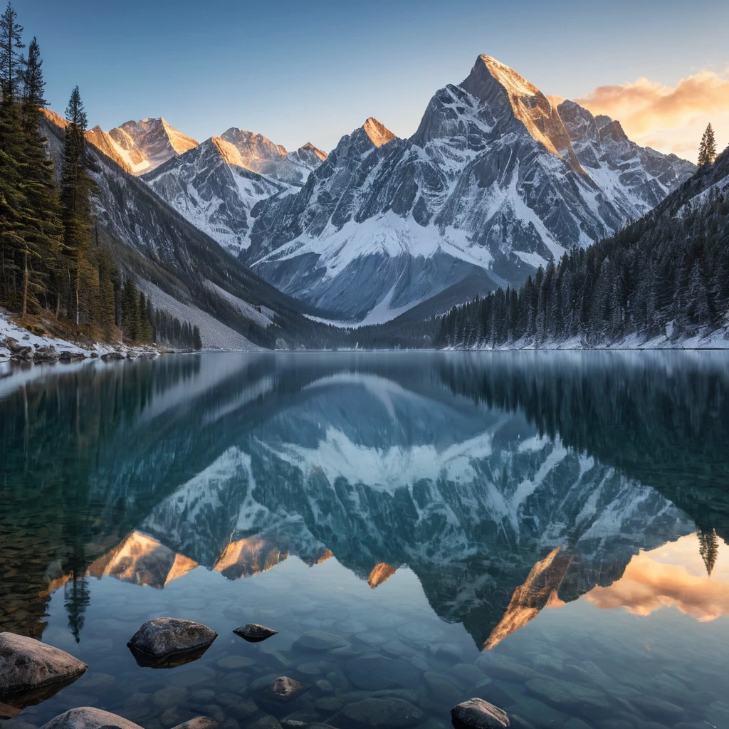 A serene mountain lake at dawn, surrounded by towering peaks dusted with snow, their reflections shimmering on the still water's surface.