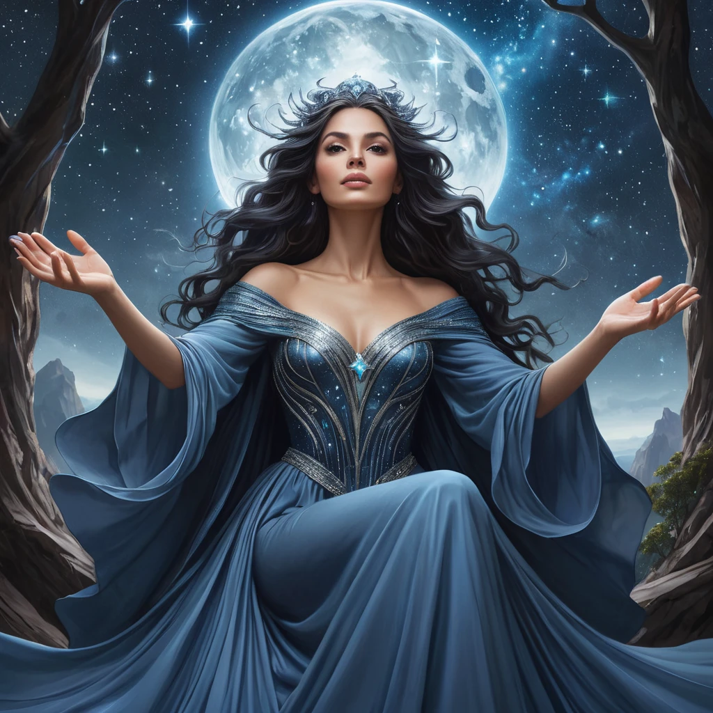 An ethereal female witch, dressed in a gown made of shimmering starlight, sits atop a craggy mountain peak under a canopy of swirling galaxies, her hands outstretched as if channeling the cosmic energies.