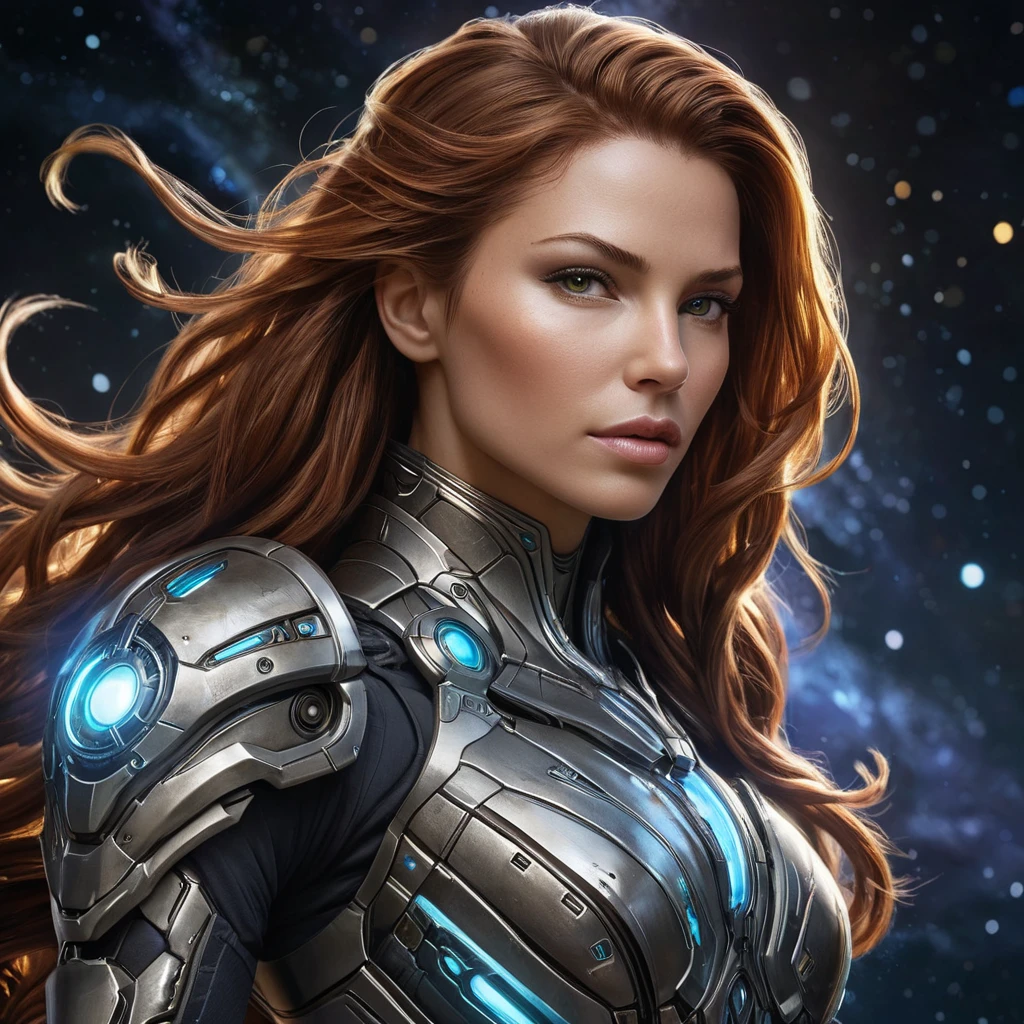 A portrait of Sarah Kerrigan as a powerful yet graceful warrior, her body adorned with intricate, biomechanical armor that pulsates with a soft, bioluminescent glow, her hair flowing like tendrils of smoke, captured in a moment of intense focus, with a backdrop of a star-filled galaxy.