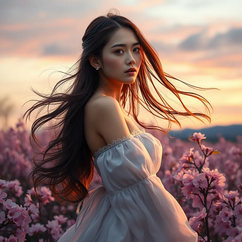 A stunning model with ethereal features, standing amidst a field of blooming cherry blossoms under a twilight sky, her hair flowing like silk in the gentle breeze.