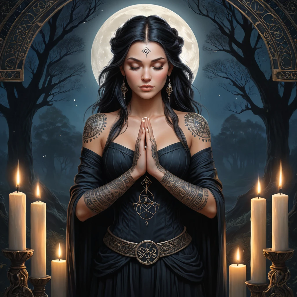 A beautiful female witch, with intricate tattoos of ancient runes covering her arms, stands in a moonlit clearing, surrounded by a circle of candles, her eyes closed in deep concentration, a large, ornate tome open before her.