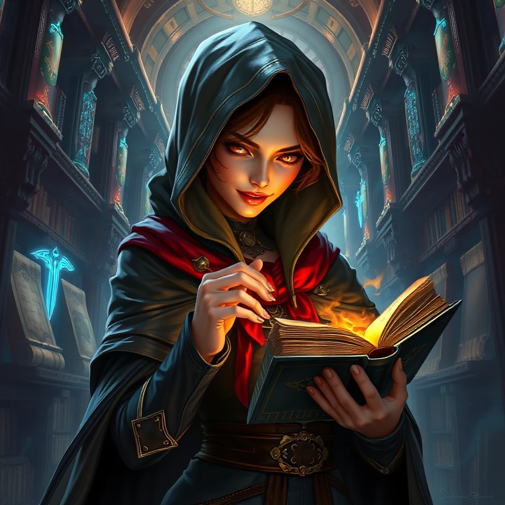 A mesmerizing female rogue from StarCraft, cloaked in shadows within a grand, ancient library filled with holographic scrolls and digital artifacts, her hands gently touching a glowing ancient tome, her face partially hidden, revealing a mysterious smile.