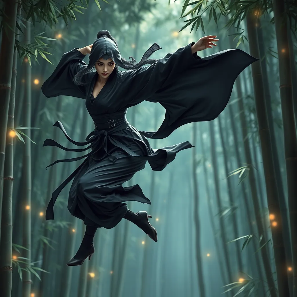 A breathtaking female ninja in a flowing, midnight-black kimono, gracefully leaping through a bamboo forest, the leaves shimmering with a magical glow, her movements fluid and precise, capturing the essence of both beauty and deadly skill