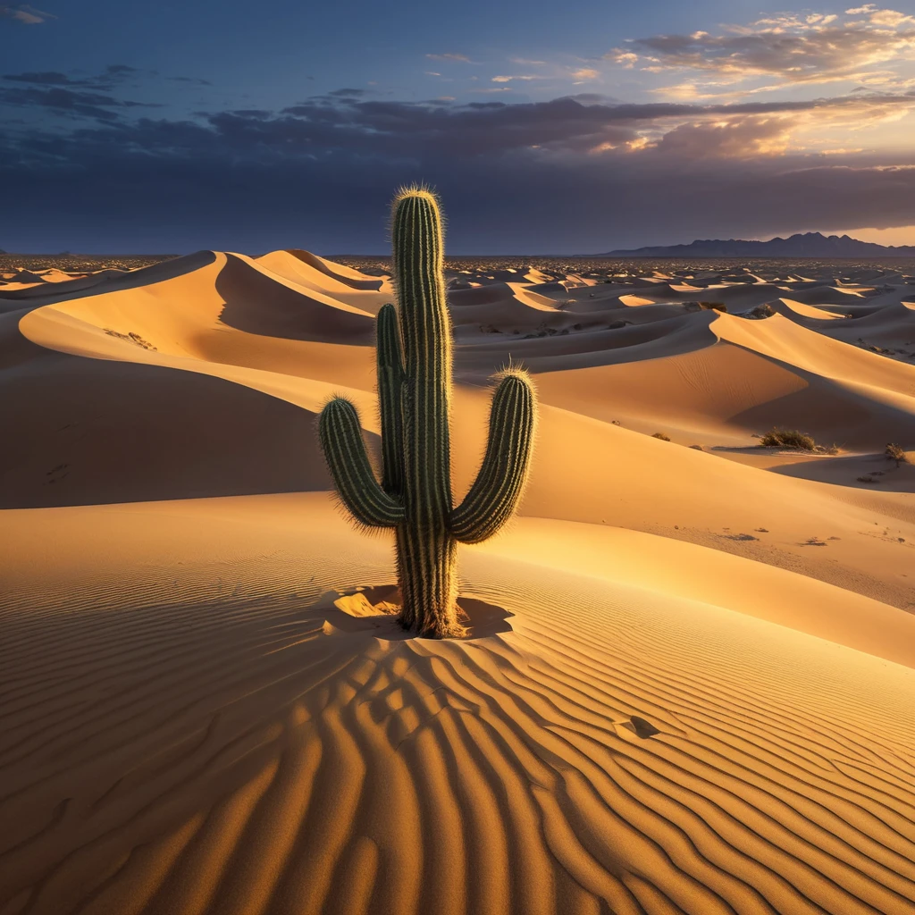 A vast, golden desert under a twilight sky, with dunes sculpted by the wind and a solitary cactus standing vigil.