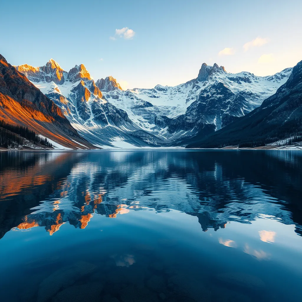 A serene mountain lake at dawn, surrounded by towering peaks dusted with snow, their reflections shimmering on the still water's surface.