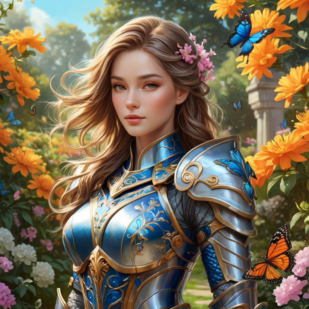 A graceful female paladin, her armor painted with vibrant colors and patterns, standing in a serene garden filled with blooming flowers and fluttering butterflies, a gentle breeze stirring her hair