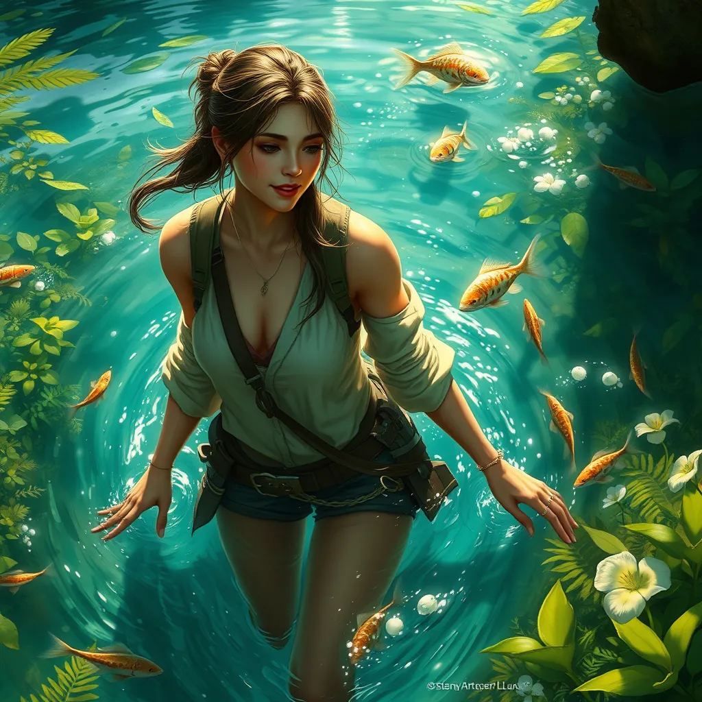 A breathtaking female ranger wading through a crystal-clear river, her clothes slightly damp, her hair tied back, a gentle smile on her face, surrounded by vibrant aquatic plants and curious fish, the water droplets glistening like jewels in the sunlight.