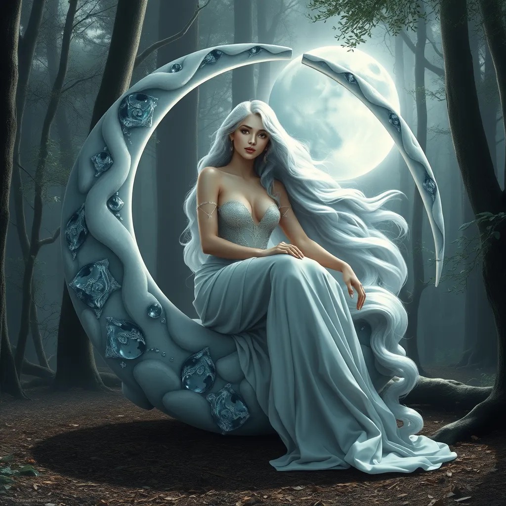 In a mystical forest clearing, Selene, the moon goddess, sits gracefully on a crescent-shaped throne made of moonstone. Her eyes shimmer like the night sky, and her hair cascades like a river of light, reflecting the gentle moonlight that filters through the trees.