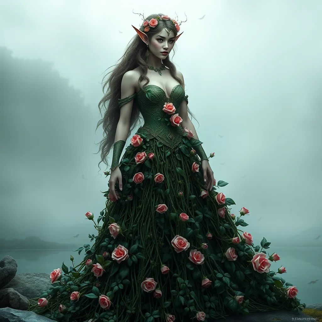 A majestic elf queen, adorned in a gown of woven ivy and blooming roses, standing at the edge of a misty lake, her presence commanding yet serene.