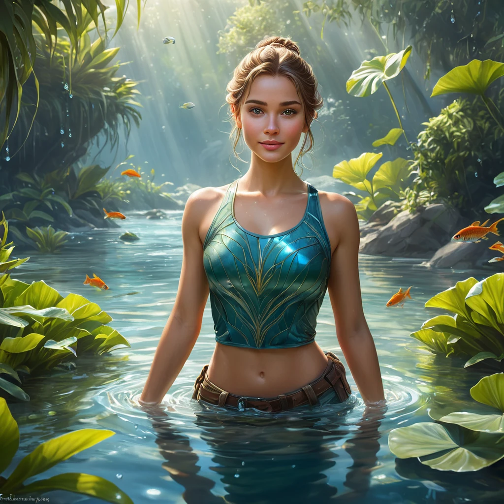 A breathtaking female ranger wading through a crystal-clear river, her clothes slightly damp, her hair tied back, a gentle smile on her face, surrounded by vibrant aquatic plants and curious fish, the water droplets glistening like jewels in the sunlight.