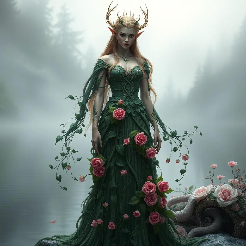 A majestic elf queen, adorned in a gown of woven ivy and blooming roses, standing at the edge of a misty lake, her presence commanding yet serene.