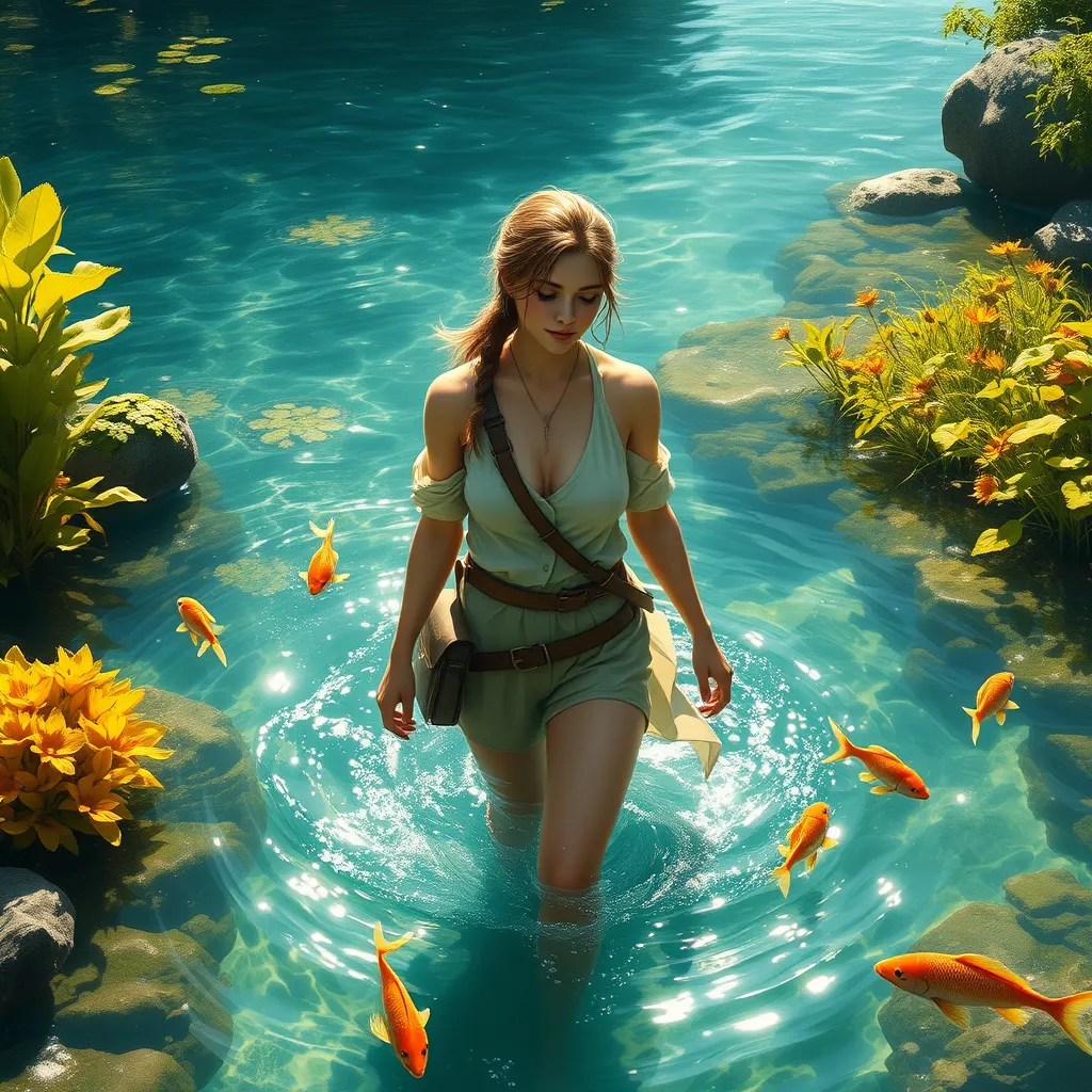 A breathtaking female ranger wading through a crystal-clear river, her clothes slightly damp, her hair tied back, a gentle smile on her face, surrounded by vibrant aquatic plants and curious fish, the water droplets glistening like jewels in the sunlight.