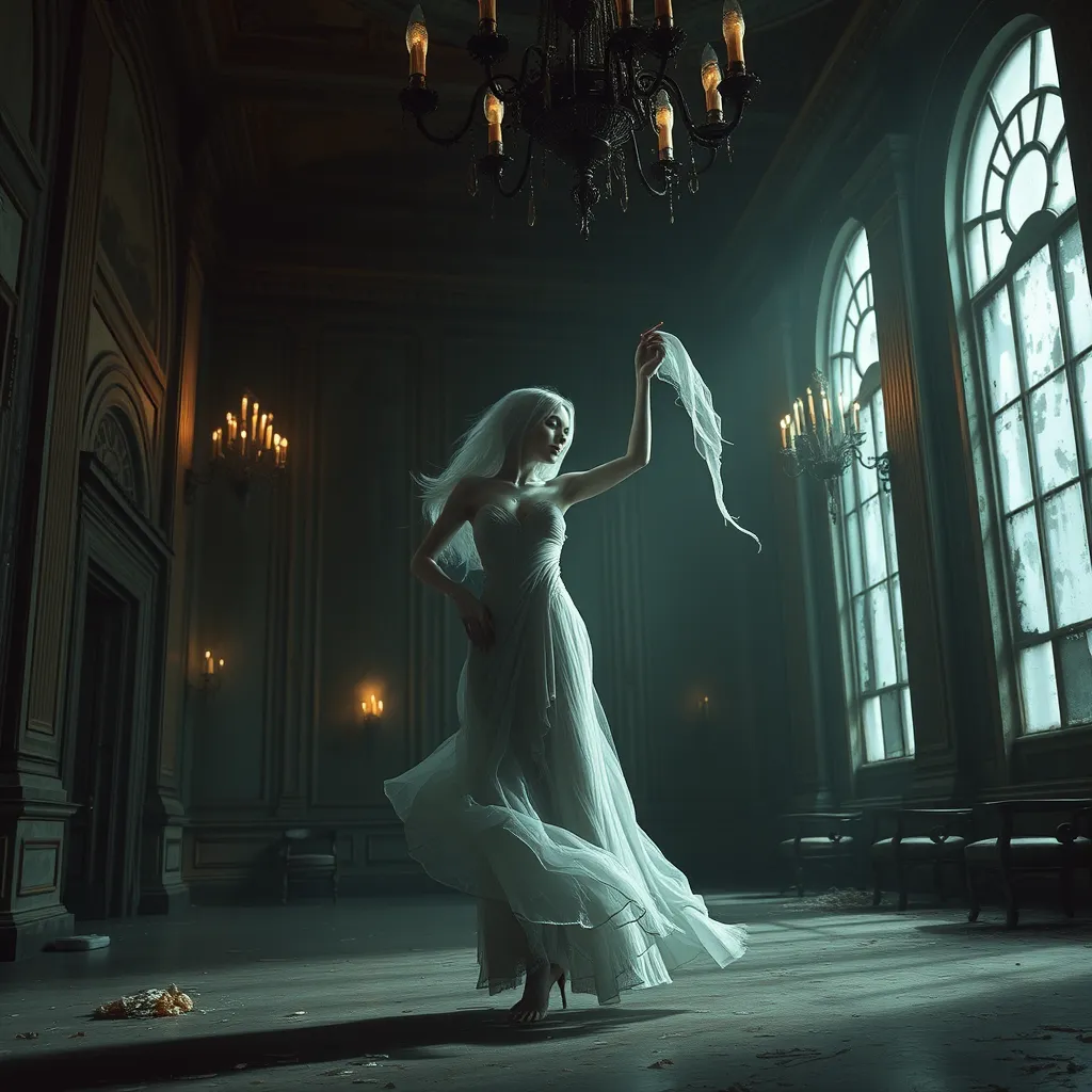 Visualize a female wraith from Elden Ring in a grand, decaying ballroom, her ghostly figure dancing elegantly alone, her movements graceful yet sorrowful, the room bathed in a dim, flickering light from the remnants of a once-grand chandelier, evoking a sense of lost grandeur and melancholy.