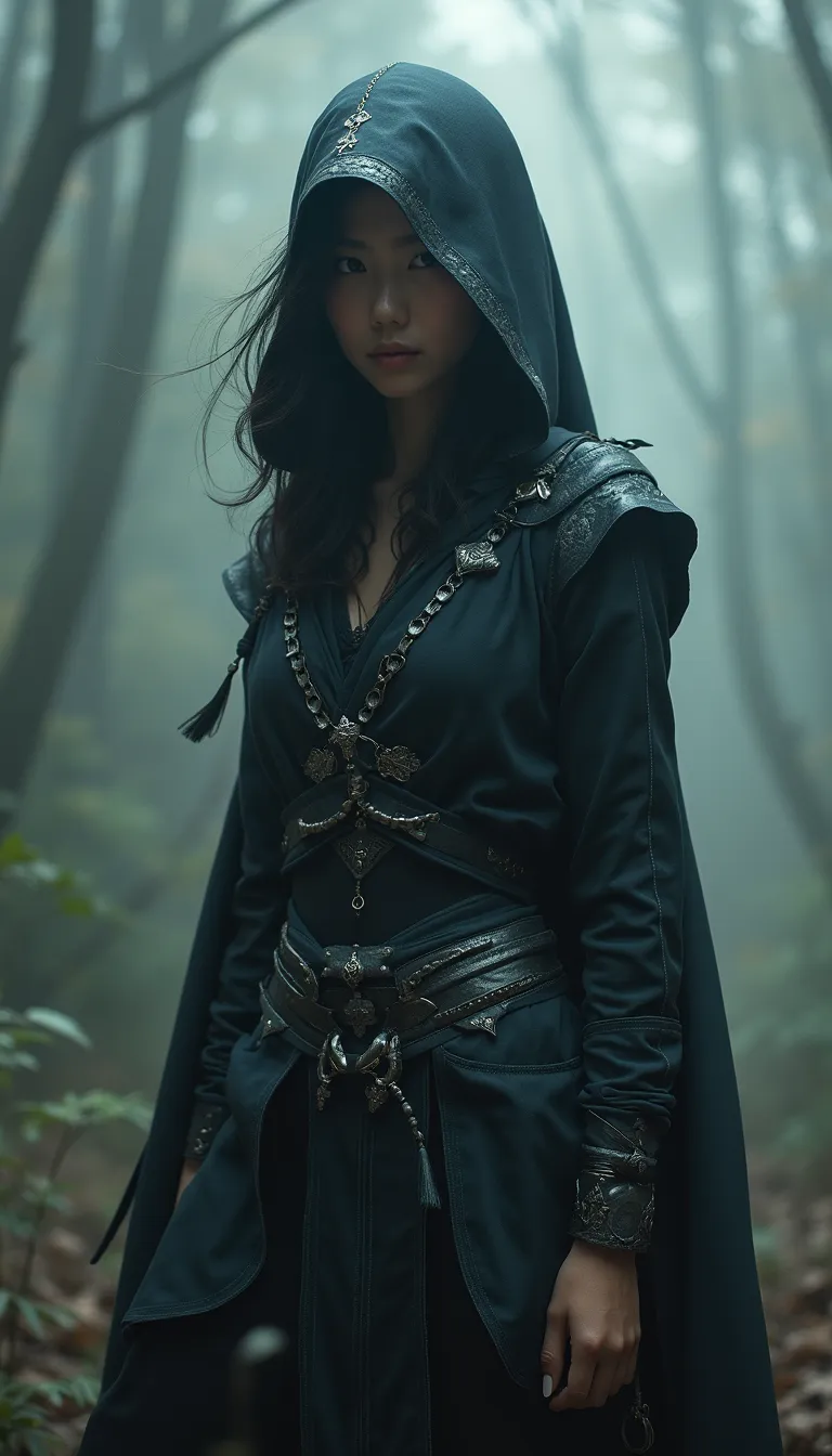 A captivating female ninja concealed within a mist-laden forest, her features partially obscured by a veil of fog, her attire a mix of stealthy dark fabrics and intricate silver detailing, the environment around her both haunting and enchanting