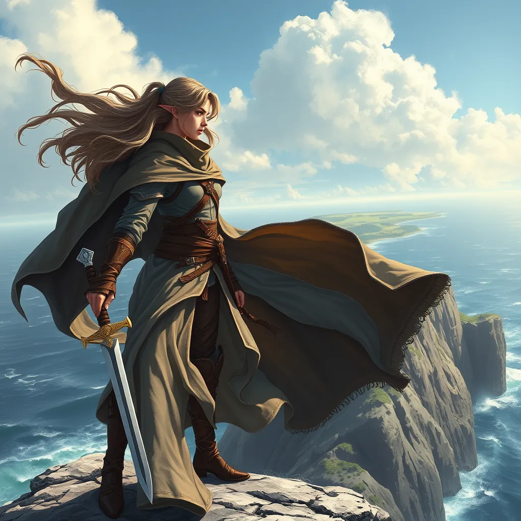 A magnificent female ranger standing at the edge of a cliff, the wind whipping her cloak around her, her gaze fixed on a distant horizon where the land meets the sea, her hand resting on the pommel of a dagger, the ocean waves crashing below, a sense of adventure and freedom in the air.