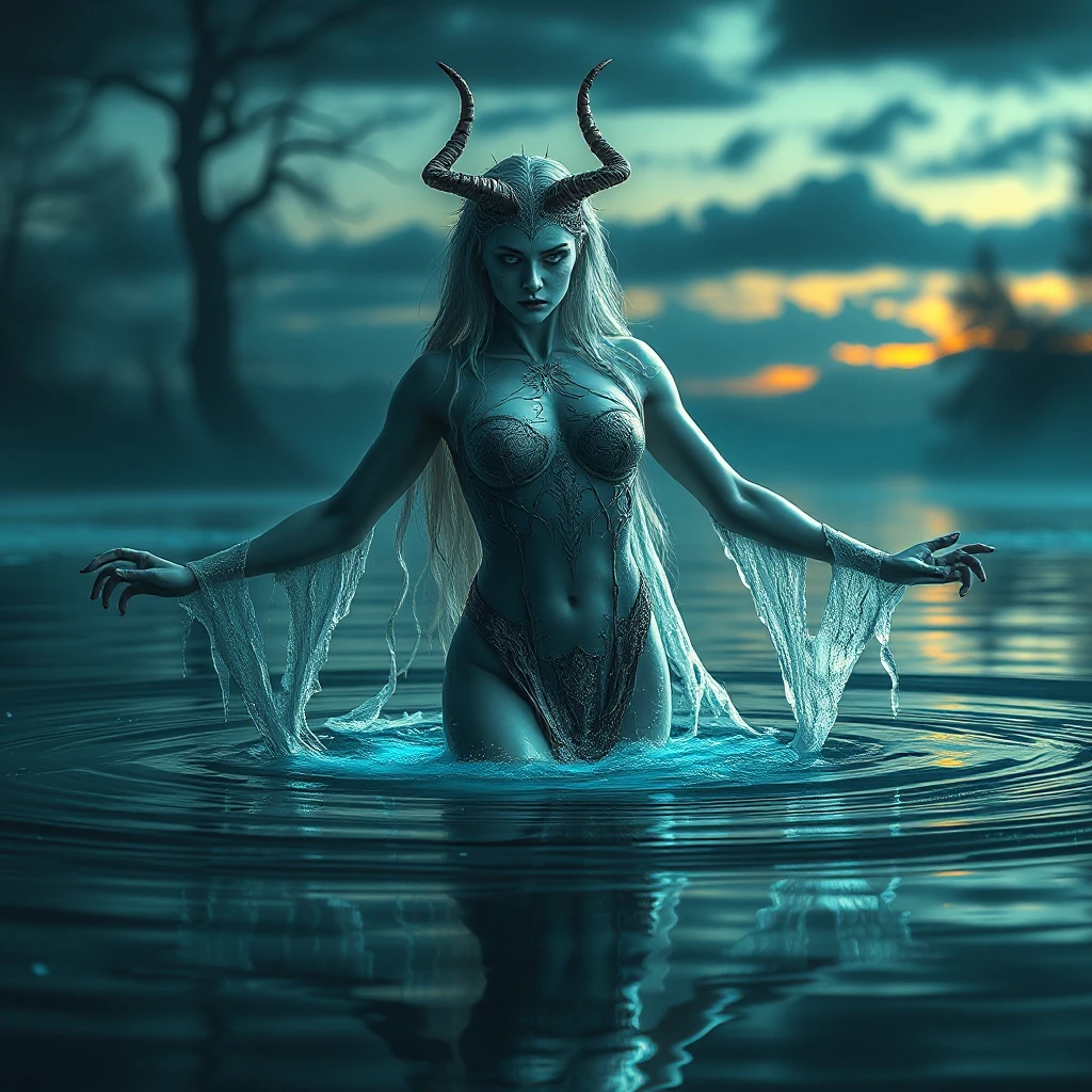 A dramatic portrayal of a female wraith from Elden Ring, emerging from a dark, foreboding lake at twilight, her form shimmering with an icy glow, her eyes reflecting the cold waters, her arms outstretched as if to embrace the encroaching darkness, the scene filled with an ominous silence.