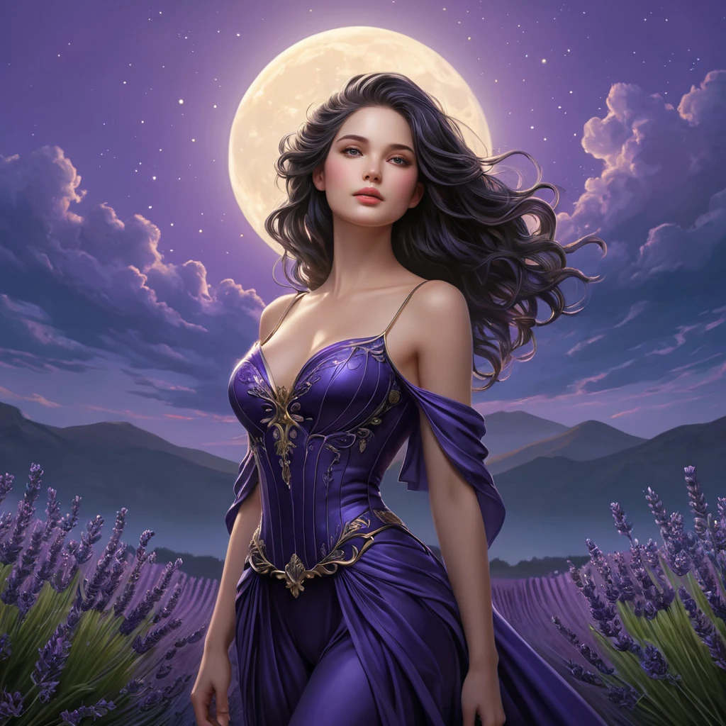 Selene, in all her celestial glory, stands amidst a field of lavender under a twilight sky. Her form is silhouetted by the rising moon, and the air is filled with the sweet scent of flowers, creating a scene of otherworldly tranquility and beauty.