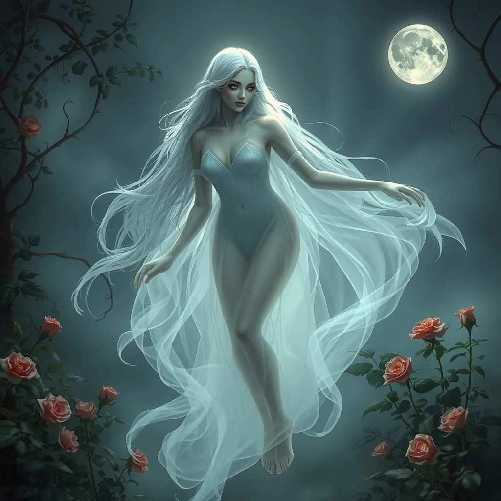 A translucent female ghost, ethereally beautiful, with long flowing silver hair and eyes that glow like moonlight, floating above a misty, overgrown Victorian garden at twilight, with roses and ivy intertwining in the background.