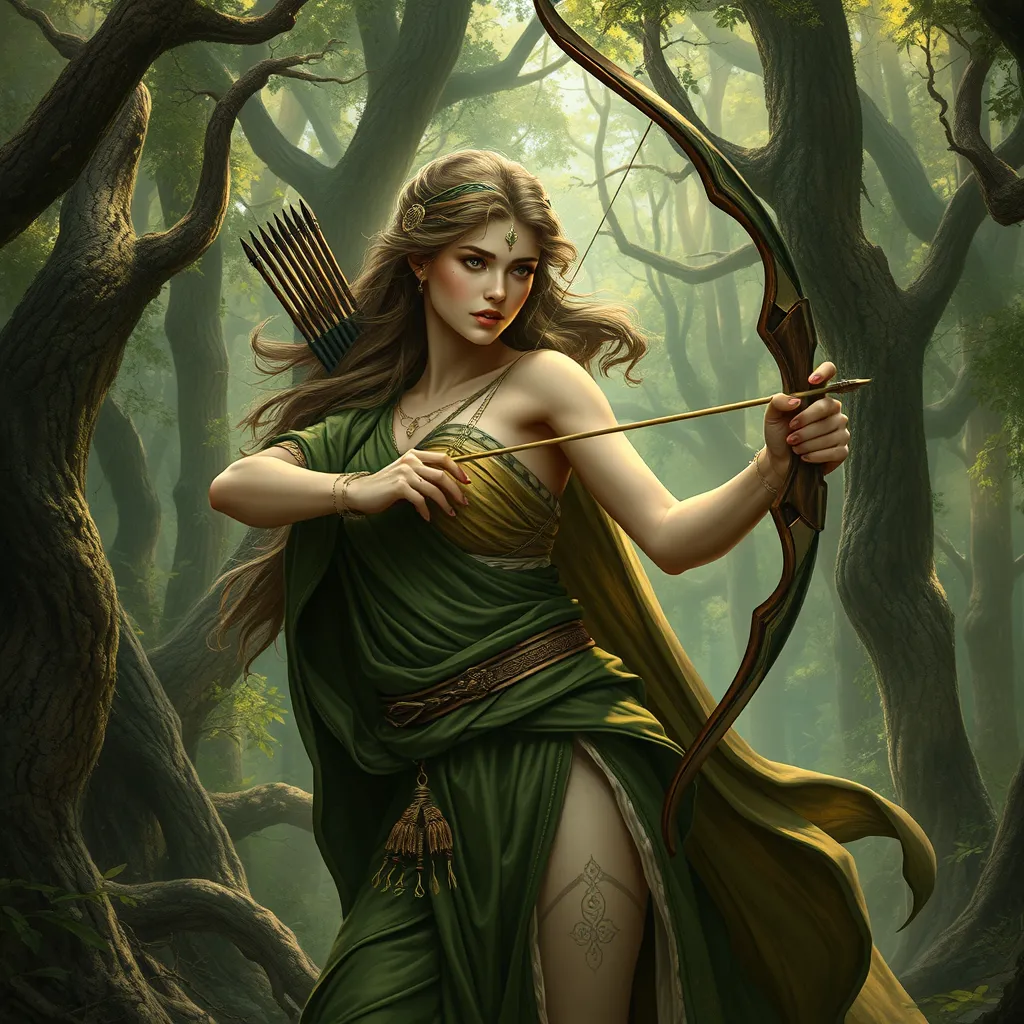 Artemis, the goddess of the wilderness, portrayed in a dense, ancient forest, her presence commanding yet gentle, her attire blending seamlessly with the natural surroundings, her bow and arrows crafted from the wood of the trees, the air around her alive with the sounds of nature.