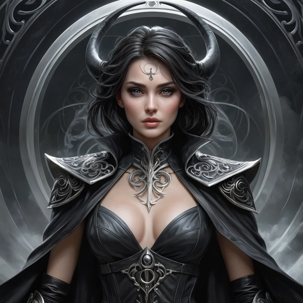 Ker in a realm of perpetual twilight, surrounded by a swirling vortex of souls, her attire a blend of black leather and bone, her eyes reflecting the endless cycle of life and death, her scythe poised, ready to reap the souls that pass into her domain.