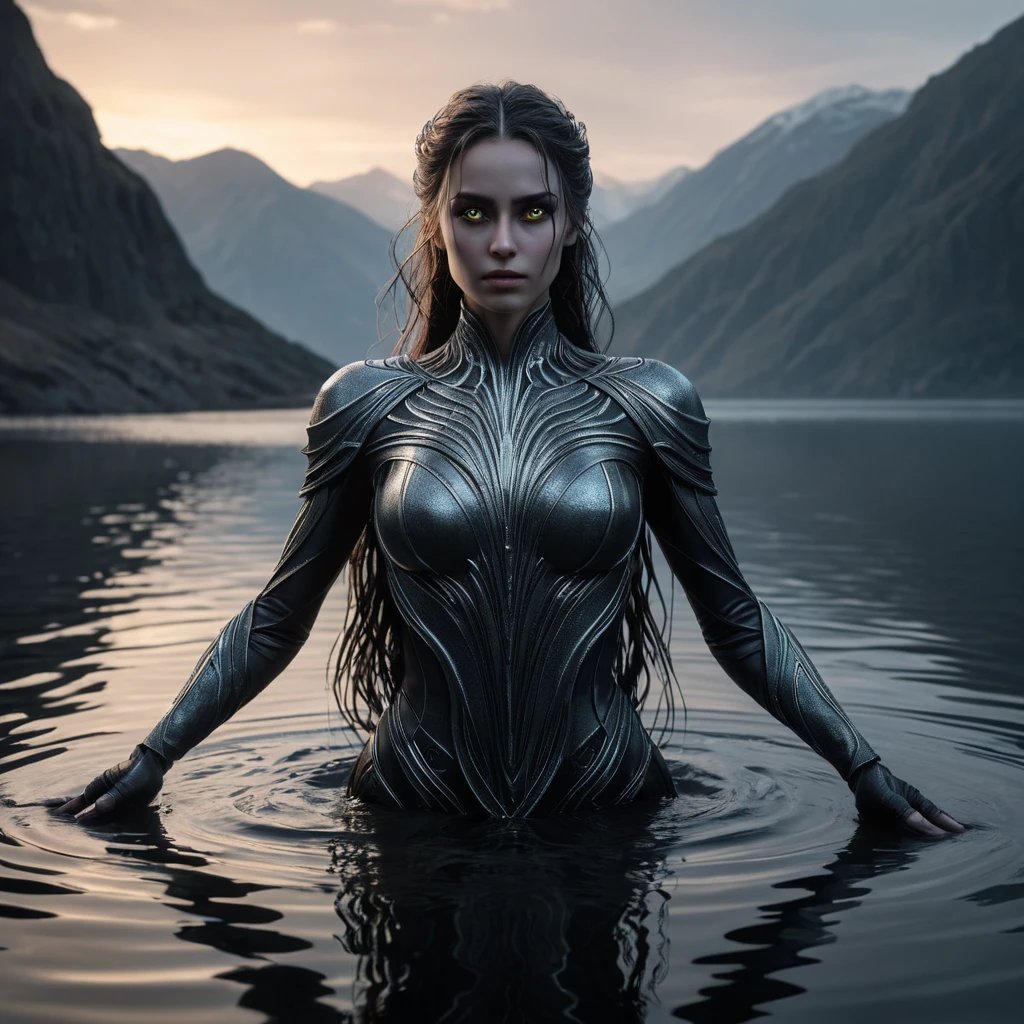 A dramatic portrayal of a female wraith from Elden Ring, emerging from a dark, foreboding lake at twilight, her form shimmering with an icy glow, her eyes reflecting the cold waters, her arms outstretched as if to embrace the encroaching darkness, the scene filled with an ominous silence.