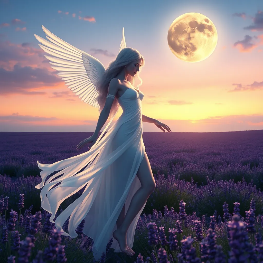 Selene, in all her celestial glory, stands amidst a field of lavender under a twilight sky. Her form is silhouetted by the rising moon, and the air is filled with the sweet scent of flowers, creating a scene of otherworldly tranquility and beauty.