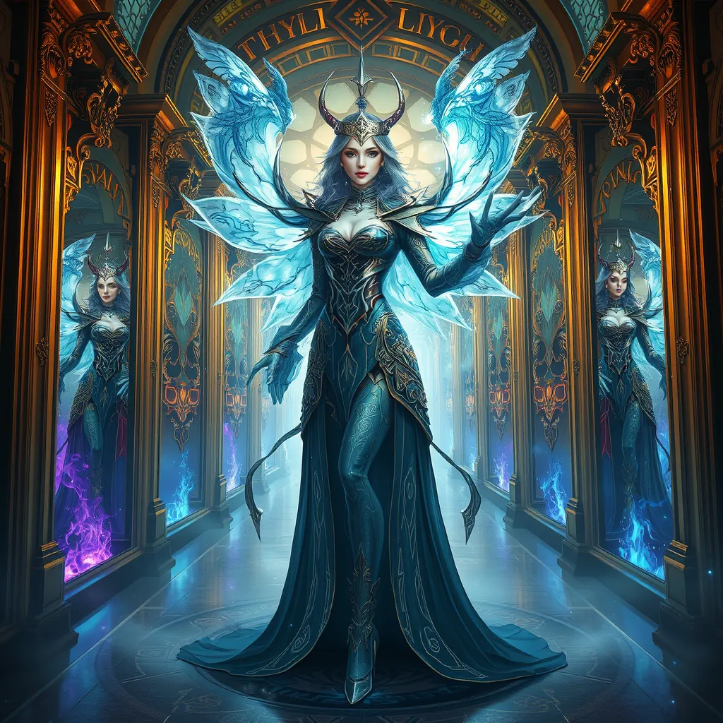 A magnificent female mage within a grand hall of mirrors, each reflecting her image surrounded by different magical effects, her outfit a masterpiece of intricate design and glowing runes