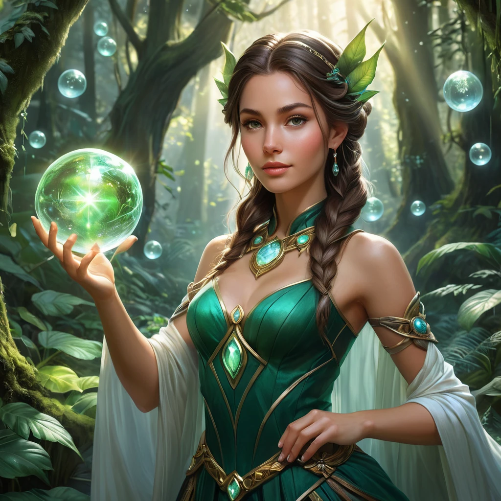 A breathtaking female mage in a lush, enchanted forest, surrounded by floating orbs of light, her attire a mix of natural elements and magical artifacts, her expression serene and focused