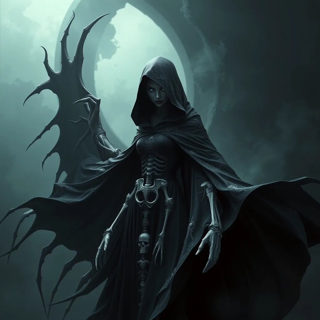 Ker, the enigmatic goddess of death, depicted in a shadowy realm, her form cloaked in a billowing black gown adorned with skeletal motifs, her face hidden beneath a hood, only her piercing eyes visible, glowing with an otherworldly light, the air around her heavy with the scent of decay.