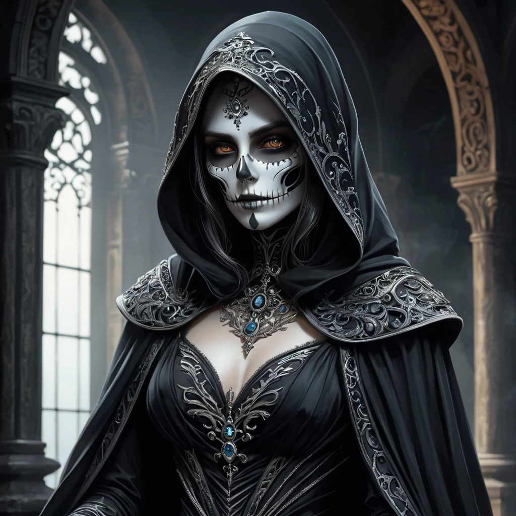 Ker, the enigmatic goddess of death, depicted in a shadowy realm, her form cloaked in a billowing black gown adorned with skeletal motifs, her face hidden beneath a hood, only her piercing eyes visible, glowing with an otherworldly light, the air around her heavy with the scent of decay.