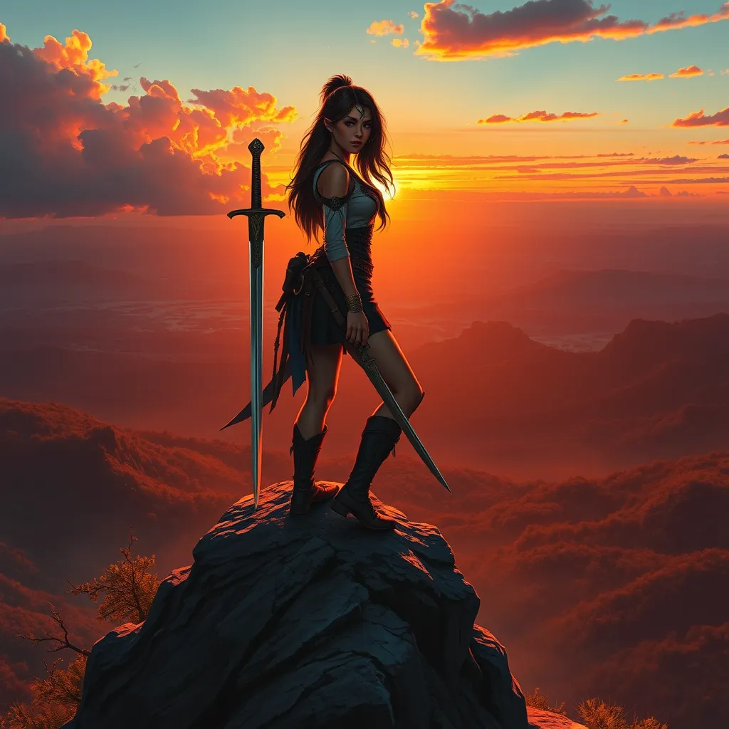 A stunning female ranger perched atop a rocky outcrop, overlooking a vast, sprawling wilderness at sunset, her silhouette sharply defined against the fiery sky, her hands resting on the hilt of a longsword, her expression one of calm determination, the landscape below teeming with wildlife.