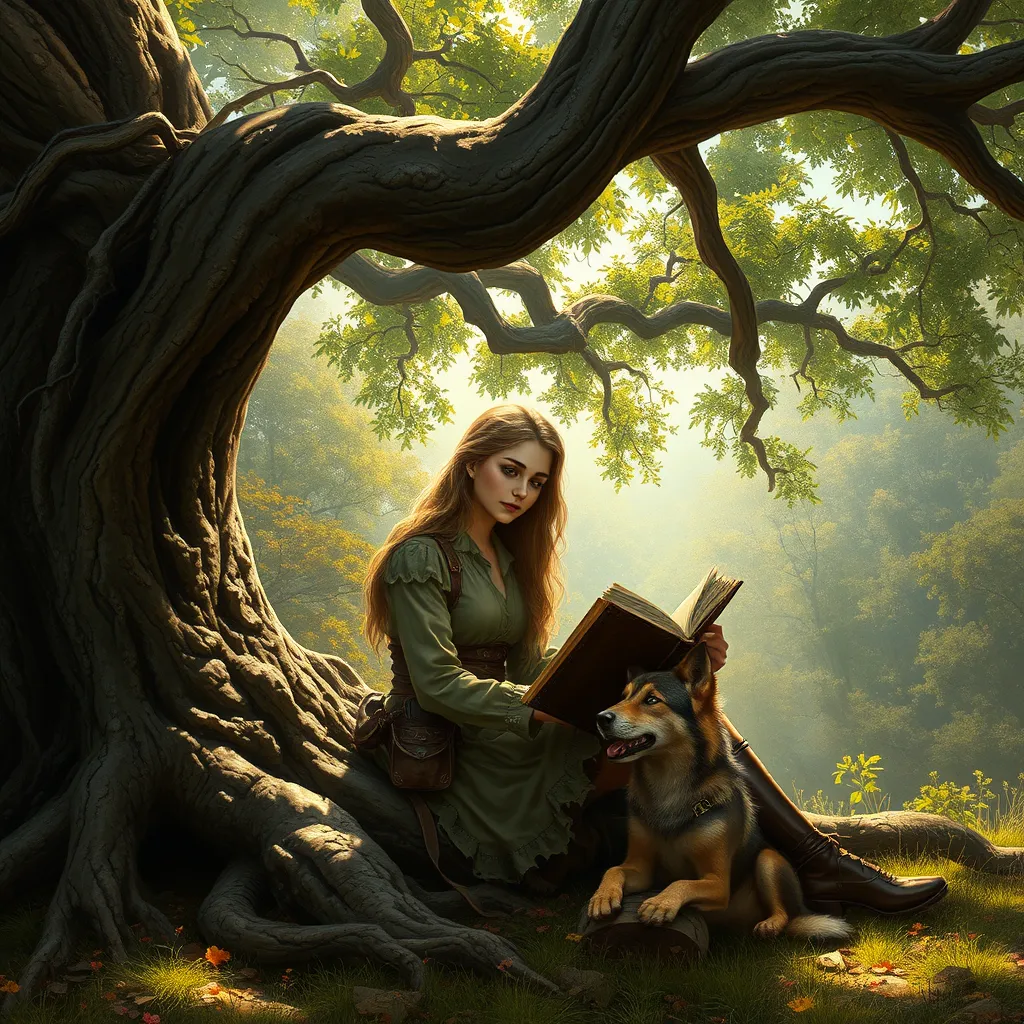 A captivating female ranger sitting under the boughs of an ancient, sprawling oak tree, her back against the trunk, a book open in her lap, the forest around her alive with the sounds of nature, her expression peaceful, a small, loyal wolfhound resting at her side.