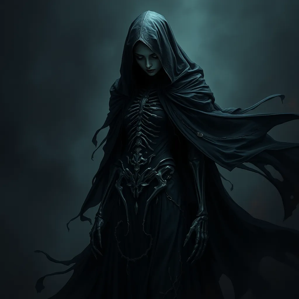 Ker, the enigmatic goddess of death, depicted in a shadowy realm, her form cloaked in a billowing black gown adorned with skeletal motifs, her face hidden beneath a hood, only her piercing eyes visible, glowing with an otherworldly light, the air around her heavy with the scent of decay.