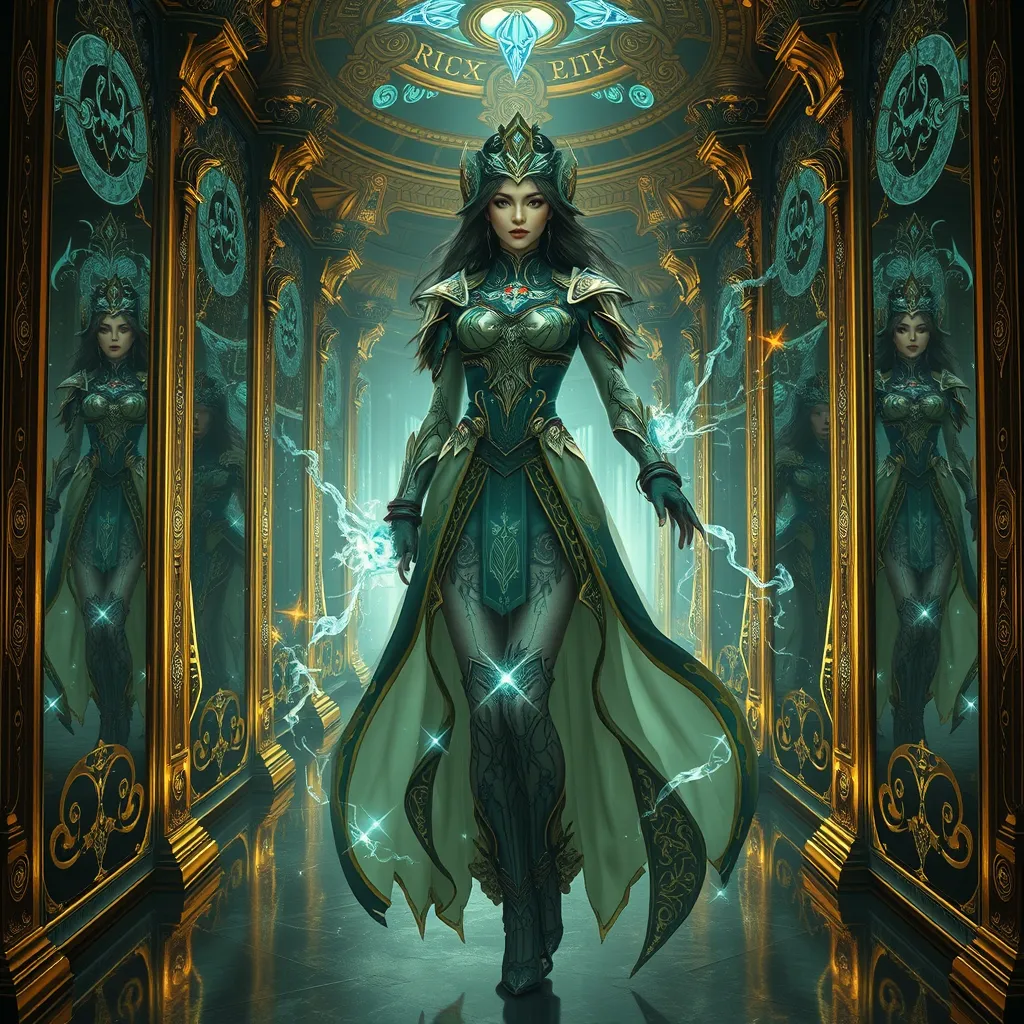 A magnificent female mage within a grand hall of mirrors, each reflecting her image surrounded by different magical effects, her outfit a masterpiece of intricate design and glowing runes