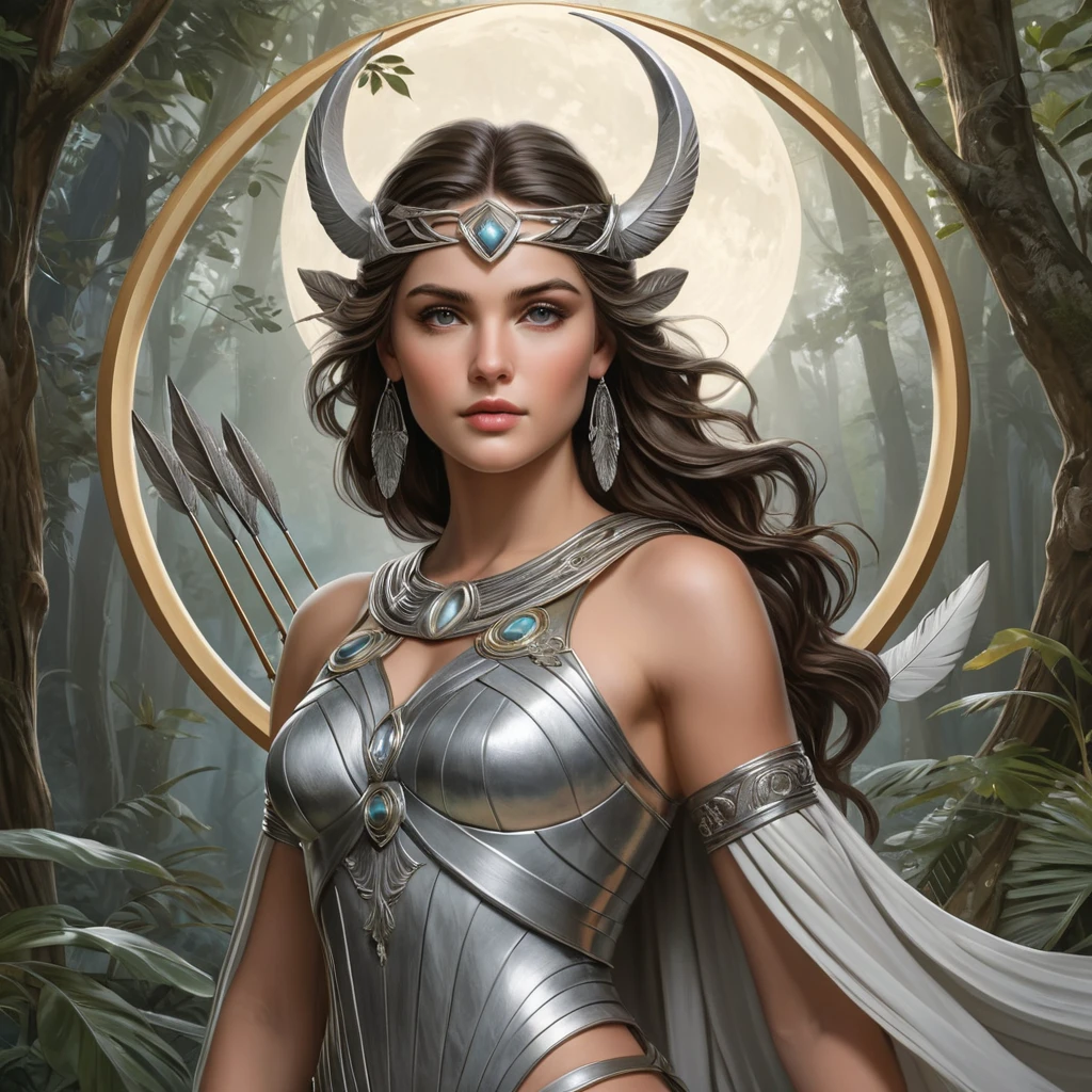 Artemis, the Greek goddess of the hunt, depicted in a serene forest setting, surrounded by silver-tipped arrows and a crescent moon glowing above her, her features sharp and focused, dressed in a chiton adorned with intricate hunting scenes, the air around her filled with a soft, ethereal light.