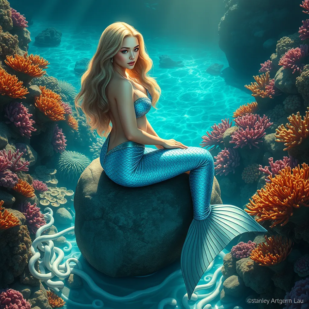 A stunning female siren with iridescent mermaid tail, sitting on a rock amidst a vibrant coral reef, sunlight filtering through turquoise waters creating a magical glow around her