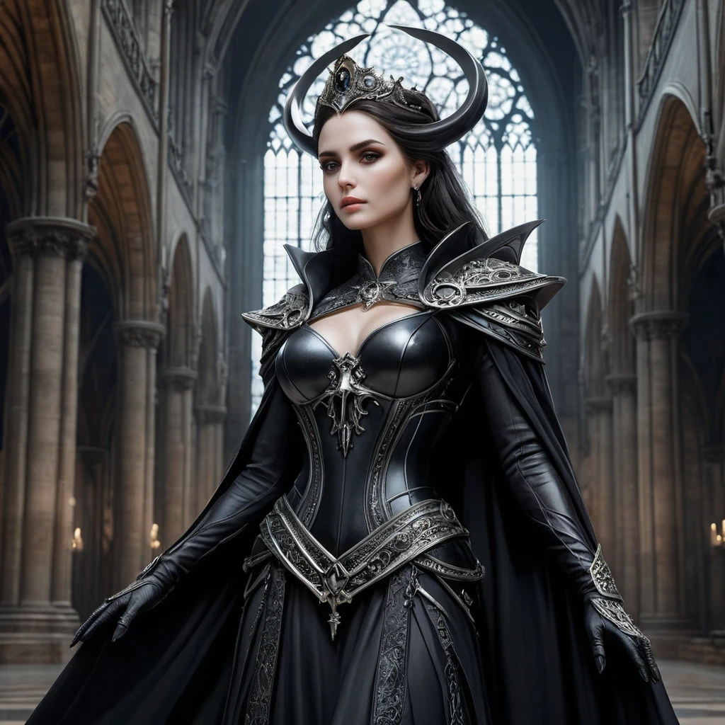 Ker, the goddess of mortality, portrayed in a grand, gothic cathedral, her presence both solemn and majestic, her attire a masterpiece of dark elegance, her scythe resting against her shoulder, her eyes gazing into the infinite abyss of death, the space around her filled with the echoes of countless lives.