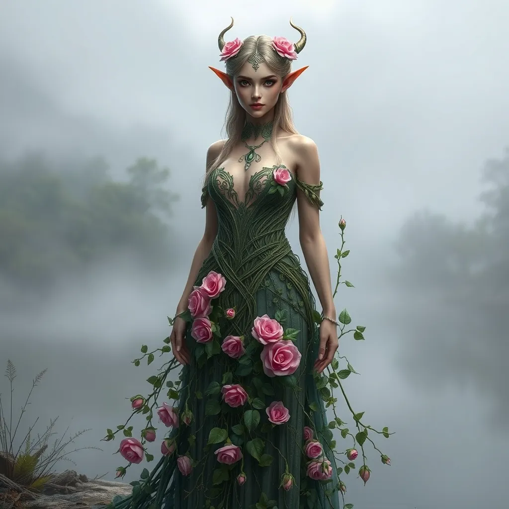 A majestic elf queen, adorned in a gown of woven ivy and blooming roses, standing at the edge of a misty lake, her presence commanding yet serene.