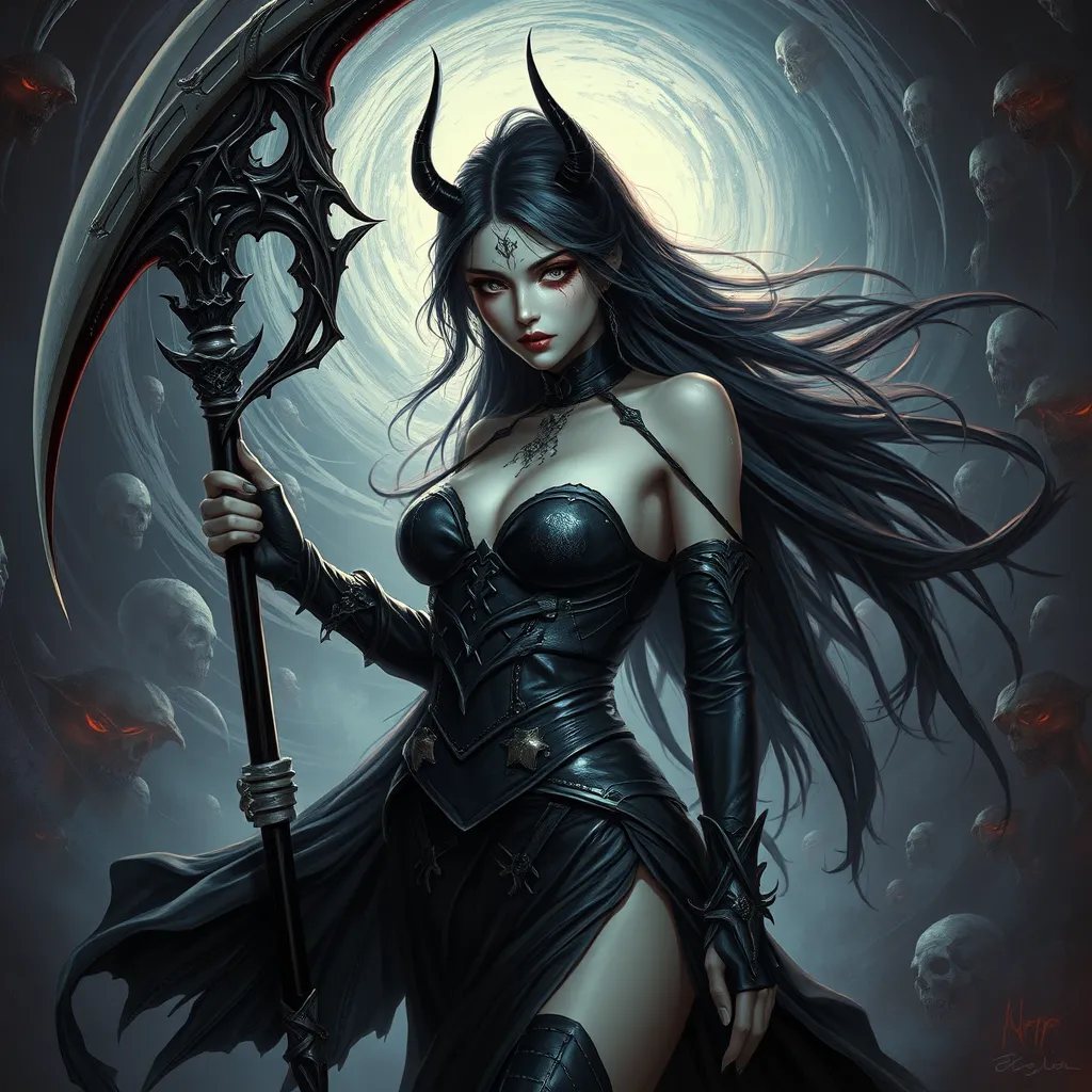 Ker in a realm of perpetual twilight, surrounded by a swirling vortex of souls, her attire a blend of black leather and bone, her eyes reflecting the endless cycle of life and death, her scythe poised, ready to reap the souls that pass into her domain.