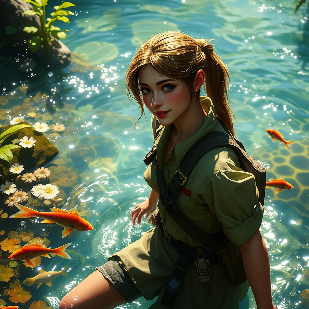 A breathtaking female ranger wading through a crystal-clear river, her clothes slightly damp, her hair tied back, a gentle smile on her face, surrounded by vibrant aquatic plants and curious fish, the water droplets glistening like jewels in the sunlight.