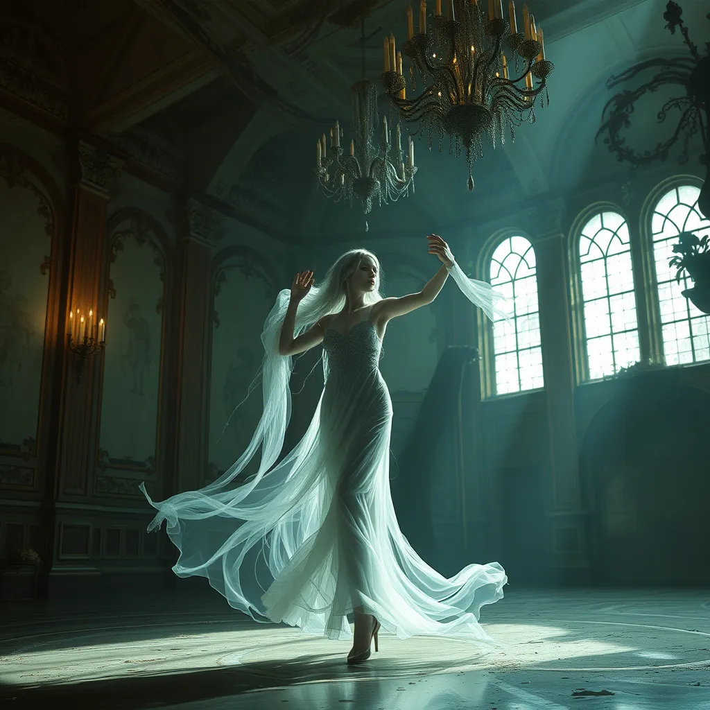 Visualize a female wraith from Elden Ring in a grand, decaying ballroom, her ghostly figure dancing elegantly alone, her movements graceful yet sorrowful, the room bathed in a dim, flickering light from the remnants of a once-grand chandelier, evoking a sense of lost grandeur and melancholy.