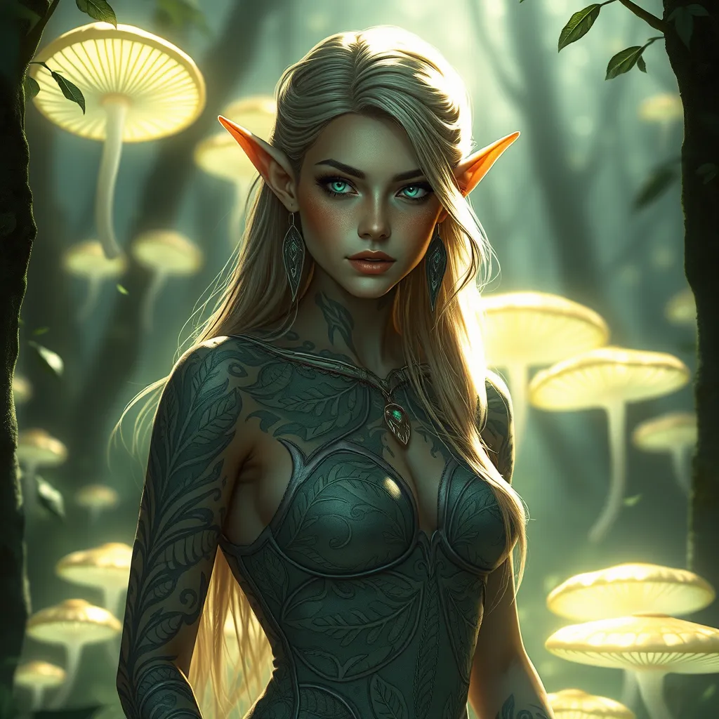 A stunning elf woman with intricate, leaf-patterned tattoos, standing amidst a luminous forest glade, her eyes reflecting the soft glow of bioluminescent fungi.