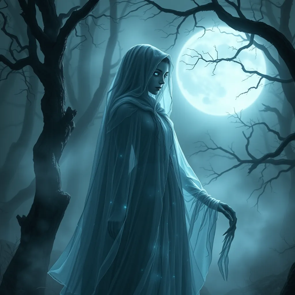 A hauntingly beautiful female wraith from Elden Ring, depicted in a misty, moonlit forest, her translucent form cloaked in ethereal robes that glow with an otherworldly light, her eyes a piercing blue as she gazes into the distance, surrounded by ancient, gnarled trees and a soft, eerie fog.