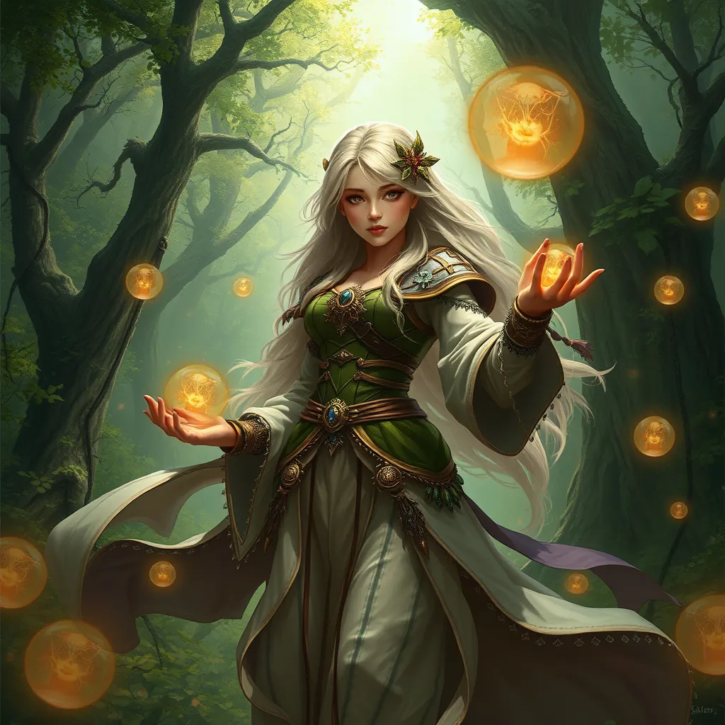 A breathtaking female mage in a lush, enchanted forest, surrounded by floating orbs of light, her attire a mix of natural elements and magical artifacts, her expression serene and focused