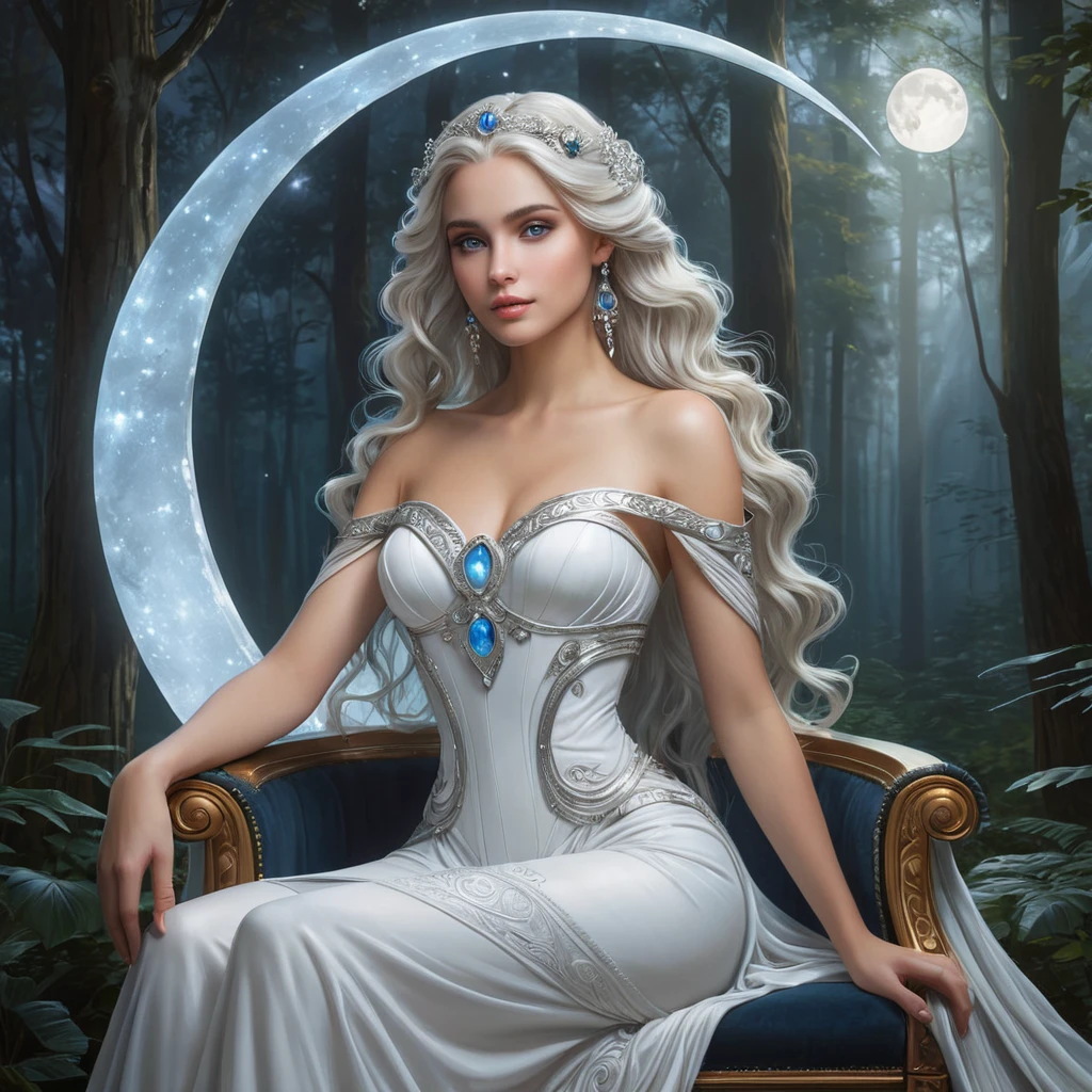 In a mystical forest clearing, Selene, the moon goddess, sits gracefully on a crescent-shaped throne made of moonstone. Her eyes shimmer like the night sky, and her hair cascades like a river of light, reflecting the gentle moonlight that filters through the trees.